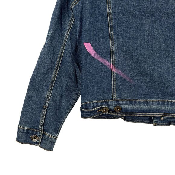 NWT Create 2MRW Men's Blue Denim Jacket Size M Distressed Hand Painted Stretch - Picture 6 of 11